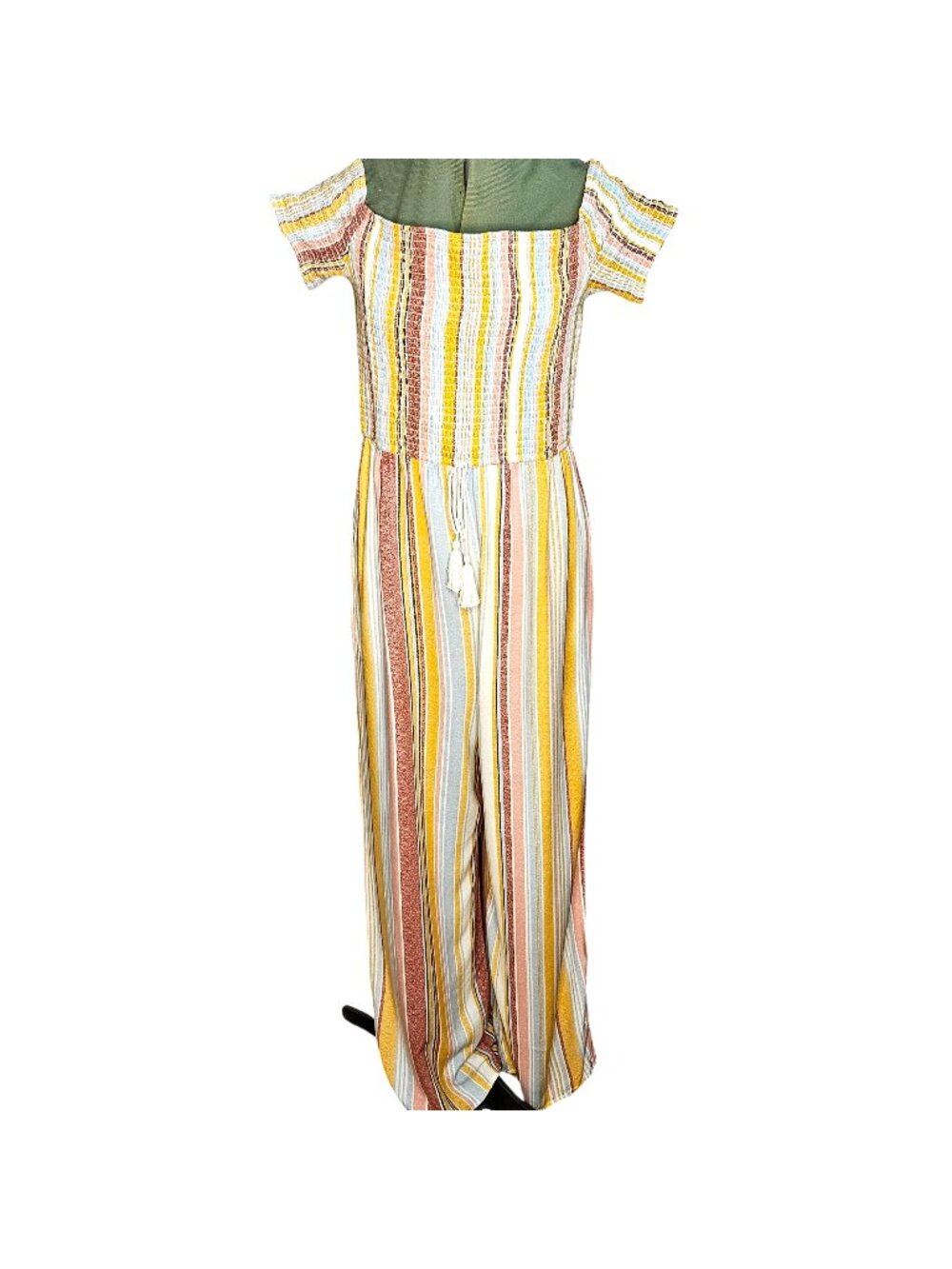 Woman's boho tie up striped beachy smocked wide leg light breathable romper S L